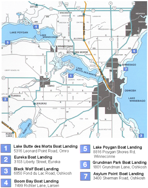 Map of Boat Launches in Winnebago County, Click for larger Image
